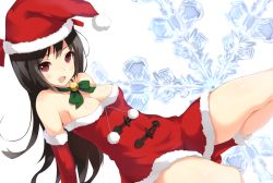 Rule 34 | 1girl, :d, bare shoulders, bell, neck bell, bow, breasts, brown hair, cleavage, collar, detached sleeves, fur trim, hat, okino ryuuto, open mouth, original, red eyes, santa costume, santa hat, smile, snowflakes, solo