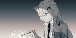 Rule 34 | 1girl, absurdres, animal ear fluff, animal ears, arknights, chihuri, closed mouth, collarbone, fireworks, from side, greyscale, hair between eyes, hair ornament, hairclip, highres, holding, holding fireworks, jacket, lappland (arknights), long hair, looking away, monochrome, nail polish, necktie, open clothes, open jacket, scar, scar across eye, scar on face, senkou hanabi, sketch, smile, solo, sparkler, upper body