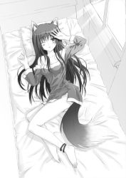Rule 34 | 1girl, animal ears, anklet, bad id, bad pixiv id, barefoot, bed, full body, greyscale, hiten (hitenkei), holo, indoors, jewelry, lying, monochrome, off shoulder, one eye closed, pillow, solo, spice and wolf, tail, window, wink, wolf ears, wolf tail