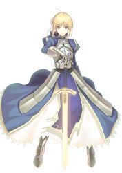 Rule 34 | 1girl, ahoge, armor, armored dress, artoria pendragon (all), artoria pendragon (fate), blonde hair, excalibur (fate/stay night), fate/stay night, fate (series), faulds, gauntlets, glowing, glowing sword, glowing weapon, greaves, green eyes, hair ribbon, highres, juliet sleeves, kauto, long sleeves, puffy sleeves, ribbon, saber (fate), simple background, smile, solo, sword, weapon, white background
