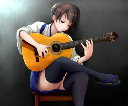 Rule 34 | 10s, 1girl, acoustic guitar, black thighhighs, brown eyes, brown hair, chair, closed mouth, commentary request, guitar, instrument, japanese clothes, kaga (kancolle), kantai collection, music, playing instrument, sandals, short hair, sitting, solo, thighhighs, yakuto007