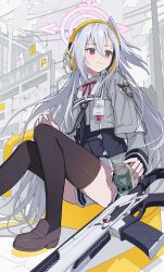 Rule 34 | 1girl, black thighhighs, blue archive, blue neckerchief, closed mouth, collared shirt, commentary, cropped jacket, flashbang, foot out of frame, grey hair, grey jacket, gun, hair between eyes, halo, hand on own knee, head wings, headphones, highres, jacket, koka (rikku-file), loafers, long hair, long sleeves, looking to the side, miniskirt, mole, mole under eye, neck ribbon, neckerchief, pause button, pink halo, red eyes, red ribbon, ribbon, rifle, sailor collar, school uniform, serafuku, shirt, shoes, sig mcx, single head wing, sitting, skirt, solo, straight hair, striped neckerchief, suzumi (blue archive), thighhighs, very long hair, weapon, white sailor collar, white shirt, wings