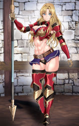 Rule 34 | 1girl, abs, armor, armored boots, belt, blonde hair, blue eyes, boots, breasts, cleavage, granblue fantasy, hair down, highres, koucha indian, long hair, midriff, miniskirt, panties, polearm, red armor, shoulder armor, skirt, solo, spear, toned, underwear, weapon, zeta (granblue fantasy)