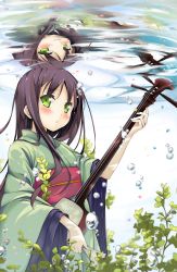 Rule 34 | 1girl, :o, air bubble, bachi, bad id, bad pixiv id, blush, brown hair, bubble, different reflection, dot nose, green eyes, highres, holding, instrument, japanese clothes, kantoku (style), kawai (purplrpouni), kimono, long hair, looking at viewer, original, plant, plectrum, reflection, shamisen, smile, solo, underwater, wide sleeves