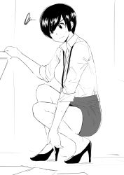 Rule 34 | 1girl, absurdres, bare legs, black hair, breasts, collared shirt, commentary, dress shirt, greyscale, high heels, highres, id card, indoors, lanyard, large breasts, miniskirt, monochrome, norman maggot, office lady, olive laurentia, original, pencil skirt, pixie cut, shirt, shirt tucked in, shoes, short hair, simple background, skirt, sleeves rolled up, solo, squatting, squiggle, sweat, trembling, white background, white shirt