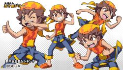 Rule 34 | 1boy, bandana, bright pupils, brown eyes, brown hair, character name, character sheet, clenched hands, clenched teeth, clothes around waist, crocs, grey background, grin, halftone, halftone background, igarashi jou, jacket, jacket around waist, male focus, mushiking, official art, orange shirt, pointing, pointing at self, shirataki, shirt, short hair, simple background, smile, squatting, t-shirt, tan, teeth, thumbs up, tied sleeves, watermark, white background, wiping nose