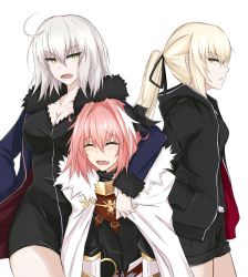 Rule 34 | 1boy, 2girls, ahoge, artoria pendragon (all), artoria pendragon (fate), astolfo (fate), bad id, bad twitter id, black bow, black dress, black jacket, black ribbon, black shorts, blonde hair, blue jacket, bow, breasts, cape, cleavage, closed eyes, collarbone, commentary request, cowboy shot, dress, fang, fate/apocrypha, fate/grand order, fate (series), from side, hair bow, hair ribbon, highres, hood, hooded jacket, jacket, jeanne d&#039;arc (fate), jeanne d&#039;arc alter (fate), jeanne d&#039;arc alter (ver. shinjuku 1999) (fate), large breasts, multiple girls, official alternate costume, open mouth, parted lips, pink hair, ponytail, ribbon, saber (fate), saber alter (ver. shinjuku 1999) (fate), short hair, short shorts, shorts, simple background, slit pupils, trap, watarase piro, white background, white cape, white hair, yellow eyes