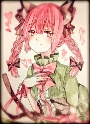 Rule 34 | 1girl, adapted costume, animal ear fluff, animal ears, black bow, blurry, blush, bow, braid, breasts, cat ears, cat tail, center frills, closed mouth, depth of field, dress, extra ears, frills, green dress, hair bow, hair ribbon, hand on own chest, hand up, kaenbyou rin, long hair, looking at viewer, multiple tails, nekomata, one-hour drawing challenge, red eyes, red hair, red ribbon, renka (sutegoma25), ribbon, small breasts, smile, solo, tail, touhou, tress ribbon, twin braids, twintails, two tails, upper body, vignetting, wrist ribbon, ||/
