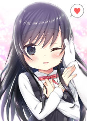 Rule 34 | 1girl, asashio (kancolle), bad proportions, black dress, black eyes, black hair, blush, bow, breasts, collared shirt, commentary request, dress, fingernails, gloves, hair between eyes, hand on another&#039;s cheek, hand on another&#039;s face, heart, k hiro, kantai collection, long hair, long sleeves, one eye closed, out of frame, parted lips, pinafore dress, poorly drawn, red bow, shirt, sleeveless dress, small breasts, solo focus, spoken heart, very long hair, white gloves, white shirt