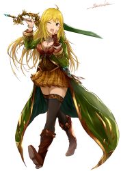Rule 34 | 1girl, absurdres, ahoge, black thighhighs, blonde hair, blush, boots, breasts, cleavage, coat, fantasy, fingerless gloves, gloves, granblue fantasy, green eyes, highres, hoshii miki, idolmaster, idolmaster (classic), long hair, one eye closed, open mouth, parody, skirt, solo, style parody, sword, thighhighs, walking, weapon, yatsuka (846), yawning