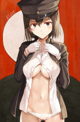 Rule 34 | 10s, 1girl, akitsu maru (kancolle), breasts, brown hair, dated, dress shirt, covered erect nipples, gloves, hands on own chest, hat, jacket, kantai collection, large breasts, looking at viewer, navel, no pants, open clothes, open jacket, open shirt, panties, peaked cap, red background, remodel (kantai collection), shirt, short hair, solo, tomozo kaoru, twitter username, underboob, underwear