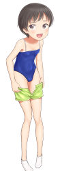 Rule 34 | 1girl, absurdres, ankle socks, blue one-piece swimsuit, clothes pull, competition school swimsuit, embarrassed, fang, flat chest, full body, highres, leaning forward, legs together, looking at viewer, one-piece swimsuit, open mouth, original, pulled by self, sc naru, school swimsuit, short shorts, shorts, shorts pull, simple background, socks, solo, standing, swimsuit, undressing, white background, white socks, yellow eyes