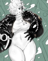 Rule 34 | 1girl, absurdres, adjusting clothes, black gloves, black jacket, bodysuit, breasts, cameltoe, covered navel, curvy, eyelashes, gloves, hair over one eye, hand on own hip, unworn headwear, helmet, unworn helmet, highres, holding, holding helmet, jacket, large breasts, legs, looking at viewer, navel, one piece, open clothes, open jacket, open mouth, rubipachiku, shiny clothes, short hair, simple background, skin tight, smile, snowing, solo, thick thighs, thighs, vegapunk lilith, wide hips