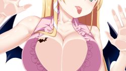 Rule 34 | 1girl, against glass, bare shoulders, blonde hair, blue eyes, breast focus, breast press, breasts, cleavage, close-up, demon girl, demon wings, highres, hololive, large breasts, licking, seushiki (ponti-ron), solo, tattoo, breast tattoo, tongue, tongue out, transparent background, virtual youtuber, wings, yuzuki choco