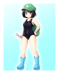 Rule 34 | 1girl, backpack, bag, bare legs, black eyes, black hair, black one-piece swimsuit, black school swimsuit, blush, boots, breasts, dark haired kappa, full body, hand on own hip, hat, isaki (gomi), kappa mob (touhou), key, looking at viewer, one-piece swimsuit, school swimsuit, short hair, simple background, small breasts, smile, solo, swimsuit, touhou, wrench