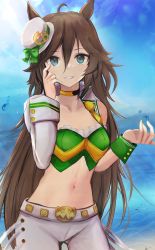 Rule 34 | 1girl, animal ears, blue eyes, bow, breasts, brown hair, choker, commentary request, cowboy shot, crop top, green bow, green shirt, grin, hair between eyes, hands up, hat, hat bow, highres, horse ears, long hair, long sleeves, looking at viewer, medium breasts, midriff, mini hat, mini top hat, mr. c.b. (umamusume), navel, pants, shirt, single sleeve, smile, solo, standing, stomach, strapless, strapless shirt, top hat, umamusume, very long hair, white hat, white pants, wnaph, wrist cuffs, yellow choker