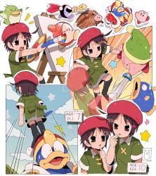 Rule 34 | 1girl, 4boys, adeleine, afterimage, age comparison, bendedede, beret, brown eyes, brown hair, bruise, bruise on face, canvas (object), confused, dragon ball, dragonball z, dual persona, fighting, green shirt, grey skirt, hair ornament, hairclip, hat, highres, holding, holding sword, holding weapon, injury, kine (kirby), king dedede, kirby, kirby&#039;s dream land 3, kirby (series), kirby 64, multiple boys, nintendo, paintbrush, parody, pitch (kirby), red headwear, shirt, short hair, skirt, standing on another&#039;s head, surprised, sword, sword kirby, weapon