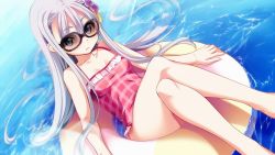 Rule 34 | 1girl, bare shoulders, barefoot, blue eyes, breasts, casual one-piece swimsuit, closed mouth, collarbone, flower, frills, frown, game cg, glasses, hair flower, hair ornament, kawahara makoto, crossed legs, long hair, looking at viewer, one-piece swimsuit, pink one-piece swimsuit, rinowahl, sitting, small breasts, solo, swimsuit, taiyou no promia, taiyou no promia flowering days, very long hair, water, white hair