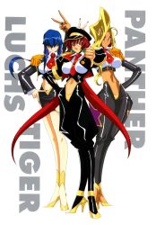 Rule 34 | 1990s (style), 3girls, arm up, blue eyes, breasts, character name, cropped jacket, epaulettes, eyepatch, frown, hair over eyes, hand on own hip, hat, high heels, jacket, kotobuki tsukasa, large breasts, lipstick, long hair, long sleeves, looking at viewer, luchs, makeup, midriff, multiple girls, navel, necktie, official art, open clothes, open jacket, panther (saber j), peaked cap, pencil skirt, pumps, red eyes, red lips, red neckwear, retro artstyle, saber marionette j, shiny clothes, skirt, smile, standing, star eyepatch, strappy heels, thumbs down, tiger (saber j), v, very long hair, yellow footwear