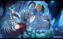 Rule 34 | 2girls, 7th garden, absurdres, arm at side, black footwear, black ribbon, blonde hair, blue footwear, blue hair, boots, bow, breasts, candy, closed mouth, cross-laced clothes, crossed legs, dress, elizabeth (7th garden), eyebrows, feathers, flat chest, flower, food, gloves, glowing, hair between eyes, hair intakes, hair ribbon, highres, leil (7th garden), leotard, letterboxed, licking, lollipop, long dress, medium breasts, multiple girls, pink bow, plant, puffy sleeves, purple legwear, ribbon, rock, ruins, shiny clothes, short hair, sitting, sky, striped clothes, striped legwear, striped thighhighs, thighhighs, twintails, vines, white bow, white flower, white gloves, white wings, wide sleeves, wings, yykuaixian