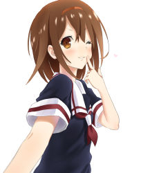 Rule 34 | 1girl, black serafuku, black shirt, brown eyes, brown hair, commentary request, finger to mouth, hairband, highres, kantai collection, kujira naoto, light smile, looking at viewer, neckerchief, one eye closed, parted lips, reaching, reaching towards viewer, red hairband, red neckerchief, sailor collar, school uniform, selfie, serafuku, shiratsuyu (kancolle), shirt, short hair, short sleeves, simple background, solo, upper body, white background, white sailor collar