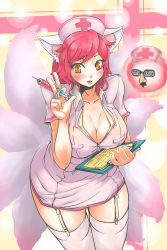 Rule 34 | 1girl, ahri (league of legends), alternate costume, animal ears, bad id, bad pixiv id, breasts, brown eyes, clipboard, facial mark, fox ears, fox tail, groucho glasses, garter straps, glasses, highres, large breasts, league of legends, light smile, looking at viewer, multiple tails, nurse, parted lips, pink hair, red hair, short hair, solo, tail, thighhighs, trombe, white thighhighs, wide hips