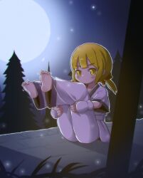 Rule 34 | 1girl, absurdres, barefoot, blonde hair, chinese commentary, commentary request, dougi, feet, full body, full moon, highres, kuma-bound, looking at viewer, low twintails, medium hair, moon, night, original, outdoors, pants, soles, solo, stretching, toes, tree, twintails, white pants, yellow eyes
