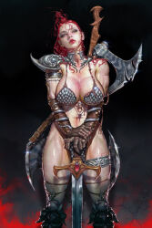 Rule 34 | 1girl, absurdres, armlet, armor, axe, battle axe, bikini armor, blood, blood on hands, bloody weapon, breasts, brown gloves, collar, commentary, commentary request, crescent, cuts, elbow gloves, english commentary, foot out of frame, gem, gloves, grey eyes, hand on hilt, highres, injury, korean commentary, kyu yong eom, large breasts, leather, leather gloves, lipstick, looking at viewer, makeup, metal collar, mixed-language commentary, mole, mole under eye, muscular, muscular female, navel, parted lips, pauldrons, pink lips, planted, planted sword, planted weapon, red gemstone, red hair, red sonja, red sonja (comics), scale armor, scar, scar on leg, shoulder armor, signature, single pauldron, solo, standing, sword, teeth, thighlet, torn clothes, torn gloves, upper teeth only, weapon, weapon on back, wet