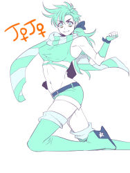 Rule 34 | 1girl, atsuyu, bad id, bad pixiv id, boots, crop top, fingerless gloves, genderswap, genderswap (mtf), gloves, groin, highres, jojo no kimyou na bouken, joseph joestar, joseph joestar (young), midriff, monochrome, ponytail, scarf, shorts, solo, spiked hair, striped clothes, striped scarf, thigh boots, thighhighs, toned, zettai ryouiki