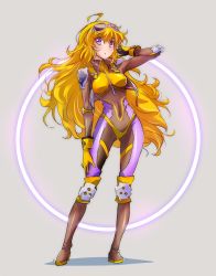 Rule 34 | 1girl, adapted costume, ahoge, blonde hair, bodysuit, boots, breasts, covered navel, cropped jacket, gloves, goggles, goggles on head, highres, iesupa, knee pads, large breasts, long hair, navel, purple eyes, rwby, skin tight, solo, wavy hair, yang xiao long