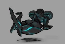 Rule 34 | 1girl, alien, arm cannon, armor, ass, bioluminescence, crossed legs, dark samus, floating, from behind, glowing, grey background, lying, metroid, metroid prime, monster girl, nintendo, on side, solo, weapon