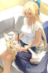Rule 34 | 2girls, alternate costume, animal ears, bare legs, black hair, black shirt, black skirt, blonde hair, blue bow, blue shorts, bow, breasts, casual, cheek squash, closed mouth, commentary, couch, diamond hair ornament, drawing on another&#039;s face, feet out of frame, fox ears, hair bow, hair ornament, hair pulled back, hairclip, hand on another&#039;s face, heart, heart hair ornament, highres, holding, holding marker, hololive, indoors, lap pillow, legs, long hair, lying, makeup, marker, mascara, medium breasts, medium hair, multicolored hair, multiple girls, omaru polka, on side, pillow, pink hair, ponytail, red eyes, shiranui flare, shirt, short shorts, short sleeves, shorts, sidelocks, sitting, skirt, sleeping, smile, translated, two-tone hair, virtual youtuber, wavy hair, white hair, white shirt, yami ara