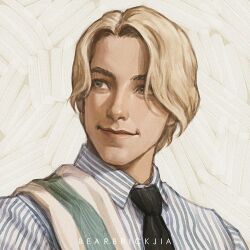 Rule 34 | 1boy, artist name, black necktie, blonde hair, blue eyes, blue stripes, closed mouth, dress shirt, eyebrows, karmen loh, lips, looking to the side, lowres, necktie, nose, one piece, one piece (live action), portrait, sanji (one piece), shirt, smile, striped clothes, striped shirt, taz skylar, towel, towel on one shoulder