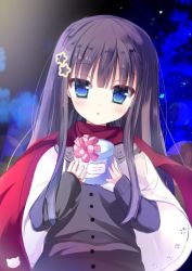 Rule 34 | 1girl, :o, black hair, black shirt, blue eyes, blush, box, capelet, gift, gift box, hair between eyes, hair ornament, head tilt, holding, holding gift, long hair, long sleeves, looking at viewer, night, night sky, original, parted lips, red scarf, scarf, shirt, shiwasu horio, sky, sleeves past wrists, solo, star (symbol), star hair ornament, very long hair, white capelet