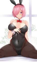 Rule 34 | 1girl, alternate costume, animal ears, arind yudha, black leotard, black pantyhose, bow, bowtie, breasts, commentary request, detached collar, fake animal ears, fate/grand order, fate (series), highres, large breasts, leotard, looking at viewer, mash kyrielight, paid reward available, pantyhose, pink hair, playboy bunny, purple eyes, rabbit ears, red bow, red bowtie, short hair, sitting, solo, strapless, strapless leotard, wariza, window, wrist cuffs
