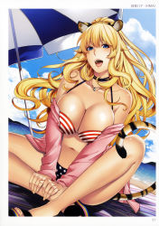 Rule 34 | 1girl, absurdres, american flag bikini, american flag print, animal ears, artist name, beach, bikini, blonde hair, blue eyes, blue sky, breasts, cleavage, cloud, collarbone, day, flag print, highres, jacket, jewelry, large breasts, long hair, navel, necklace, non-web source, ocean, off shoulder, open clothes, open jacket, open mouth, original, outdoors, print bikini, sandals, scan, sky, smile, solo, star (symbol), star print, striped, swimsuit, tail, tiger ears, tiger tail, toranoana, umbrella, very long hair, water