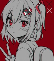 Rule 34 | 1girl, backpack, bag, blush, closed mouth, collared shirt, copyright request, from side, hair between eyes, hair ornament, hairclip, hand up, kubong, monochrome, nail art, one side up, red background, red eyes, shirt, solo, spot color, upper body, v, x hair ornament