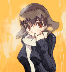 Rule 34 | 1girl, :o, breath, brown hair, eyebrows, jacket, kitano yuusuke, looking at viewer, open clothes, open jacket, open mouth, original, red eyes, scarf, short hair, simple background, sketch, solo, upper body, uppercut, yellow background
