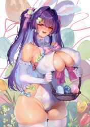 Rule 34 | 1girl, :d, animal ears, basket, bow, breast press, breasts, cleavage cutout, clothing cutout, commentary request, covered erect nipples, easter, easter egg, egg, elbow gloves, fake animal ears, fur collar, gloves, hair ribbon, highleg, highleg leotard, highres, holding, holding basket, huge breasts, leotard, long hair, looking at viewer, obiwan, open mouth, original, pink bow, pink ribbon, purple hair, rabbit ears, red eyes, ribbon, signature, simple background, skindentation, smile, solo, thighhighs, twintails, weisuoxin, white gloves, white leotard, white thighhighs
