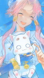 Rule 34 | 1girl, alternate breast size, animal, aria (manga), aria company uniform, aria pokoteng, beret, blue background, blue bow, blue bowtie, blue gloves, blue ribbon, bow, bowtie, bracelet, breasts, cat, closed eyes, dea mitsuru, eyelashes, fingerless gloves, gloves, gold bracelet, gold trim, hair tubes, hand up, hat, hat ribbon, highres, holding, holding animal, holding cat, medium breasts, mizunashi akari, parted bangs, pink hair, ribbon, sailor collar, short hair with long locks, short sleeves, single glove, smile, upper body, white cat