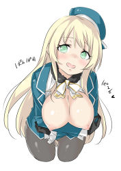 Rule 34 | 10s, 1girl, atago (kancolle), bad id, bad twitter id, beret, black gloves, black pantyhose, blonde hair, blush, bow, bowtie, breasts, cleavage, cowboy shot, cropped legs, ebifurya, eyebrows, gloves, green eyes, hat, heart, heart-shaped pupils, highres, inactive account, kantai collection, large breasts, leaning forward, long hair, long sleeves, looking at viewer, nipples, no pants, open clothes, open mouth, pantyhose, sidelocks, simple background, smile, solo, symbol-shaped pupils, translation request, uniform, white background, white bow, white bowtie