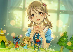 Rule 34 | 1girl, :3, ^ ^, animal crossing, bird, blue dress, blush, brown eyes, cat, closed eyes, commentary request, dress, drill hair, earrings, closed eyes, flower, frills, hair flower, hair ornament, idolmaster, idolmaster cinderella girls, indoors, jay (animal crossing), jewelry, kusano shinta, light brown hair, morikubo nono, nintendo, open mouth, own hands together, pina korata, puffy short sleeves, puffy sleeves, rosie (animal crossing), short hair, short sleeves, smile, tent, tree, villager (animal crossing)