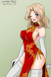Rule 34 | 1girl, ;d, alternate costume, artist name, backless dress, backless outfit, blonde hair, blue eyes, breasts, brown background, china dress, chinese clothes, commentary, dress, elbow gloves, floral print, girls und panzer, gloves, hair intakes, halterneck, hand on own thigh, holding, kay (girls und panzer), large breasts, long dress, long hair, looking at viewer, matsui yasutsugu, one eye closed, open mouth, pelvic curtain, print dress, red dress, side-tie dress, sideboob, signature, smile, solo, standing, thighhighs, white legwear