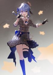 Rule 34 | 1girl, belt, belt buckle, black gloves, blue eyes, blue hair, bracelet, buckle, buttons, choker, crown, gloves, grey hat, hat, holding, holding microphone, hololive, hoshimachi suisei, hoshimachi suisei (1st costume), jewelry, knees, lichtendamiuntis, long sleeves, microphone, music, nail polish, open mouth, partially fingerless gloves, singing, solo, star (symbol), teeth, upper teeth only, virtual youtuber