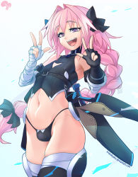 Rule 34 | 1boy, :d, arm belt, astolfo (fate), bandaged arm, bandages, bare shoulders, belt, belt collar, black belt, black gloves, black panties, black ribbon, black shirt, black thighhighs, braid, bulge, collar, collarbone, commentary request, cosplay, covered erect nipples, cowboy shot, double w, fate/apocrypha, fate (series), fingerless gloves, gloves, groin, hair between eyes, hair intakes, hair ribbon, halterneck, hands up, jack the ripper (fate/apocrypha), jack the ripper (fate/apocrypha) (cosplay), krokobyaka, looking at viewer, male focus, navel, open mouth, panties, pink hair, purple eyes, ribbon, scabbard, sheath, sheathed, shirt, single braid, single glove, sleeveless, sleeveless shirt, smile, solo, standing, stomach, thighhighs, trap, turtleneck, underwear, w, watermark, web address, white background