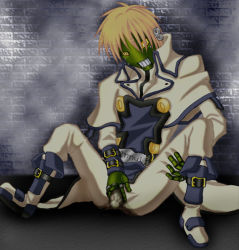 Rule 34 | 1boy, arc system works, blonde hair, bulge, erection, erection under clothes, groping, guilty gear, lowres, male focus, penis, robo-ky, robot, solo, spread legs