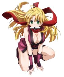 Rule 34 | 10s, 1girl, ahoge, asia argento, blonde hair, breasts, cleavage, floating hair, green eyes, high school dxd, japanese clothes, kimono, kunoichi, large breasts, long hair, looking at viewer, mouth hold, ninja, on one knee, red legwear, red scarf, scarf, shiny skin, short kimono, short yukata, solo, transparent background, very long hair, yukata