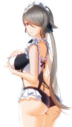 Rule 34 | 1girl, absurdres, an yasuri, ass, ass grab, bare arms, bare shoulders, breasts, cowboy shot, expressionless, frills, from side, grabbing own ass, hair over one eye, highres, honkai (series), honkai impact 3rd, large breasts, long hair, looking at viewer, looking back, looking to the side, maid headdress, one-piece swimsuit, parted lips, ponytail, purple eyes, rita rossweisse, silver hair, simple background, solo, standing, swimsuit, thighs, very long hair, white background