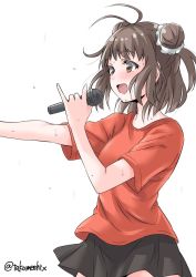 Rule 34 | 1girl, alternate costume, antenna hair, black skirt, brown eyes, brown hair, commentary request, cowboy shot, double bun, highres, kantai collection, microphone, music, naka (kancolle), one-hour drawing challenge, open mouth, orange shirt, pleated skirt, school uniform, serafuku, shirt, simple background, singing, skirt, smile, solo, standing, sweat, t-shirt, takomeshi, twitter username, white background