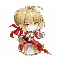 Rule 34 | ahoge, blonde hair, breasts, chibi, comiket 94, dress, epaulettes, fate/extra, fate/grand order, fate (series), gabiran, green eyes, hair between eyes, hair bun, hair intakes, holding, holding sword, holding weapon, large breasts, lowres, nero claudius (fate), nero claudius (fate) (all), nero claudius (fate/extra), nero claudius (olympian bloomers) (fate), official alternate costume, red dress, see-through, single hair bun, solo, sword, weapon, white background